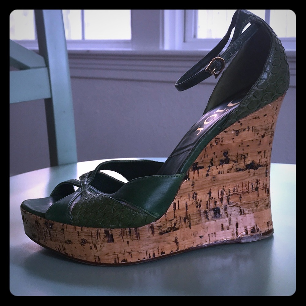 Christian Dior Metallic Green Cork Wedges.